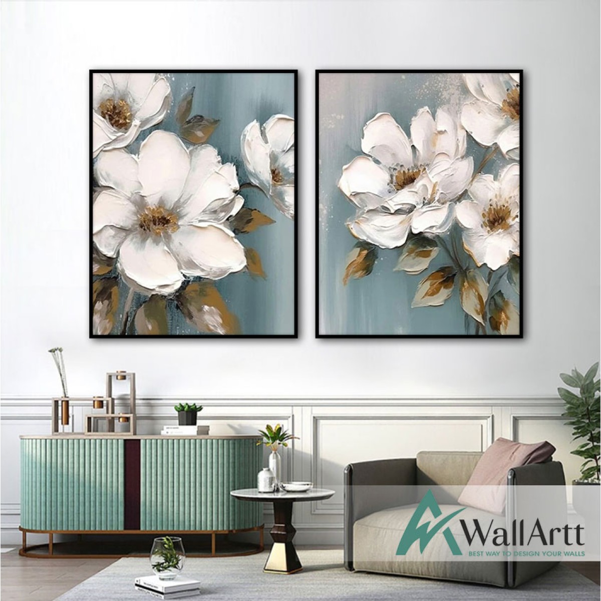 White Flowers with Gold Leaves 2 Piece 3d Heavy Textured Partial Oil Painting